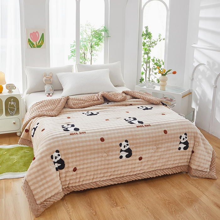 91家纺网 家纺一手货源 找家纺 中国龙家纺 2025新款双面可用兔毛绒豆豆被被子被芯 熊猫点点-咖