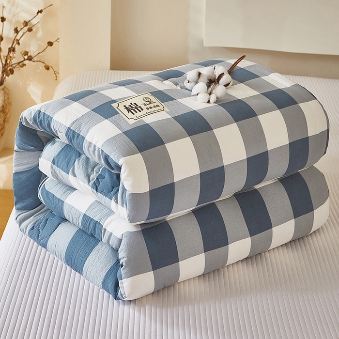 中国龙家纺 2025新款亲肤水洗棉棉花被被子被芯 蓝中格