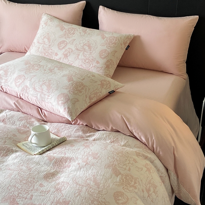 91家纺网 家纺一手货源 找家纺 宜代光年 2025新款色织水洗棉提花四件套（第一批） 牡丹-粉