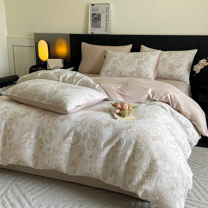 91家纺网 家纺一手货源 找家纺 宜代光年 2025新款色织水洗棉提花四件套（第一批） 牡丹-咖