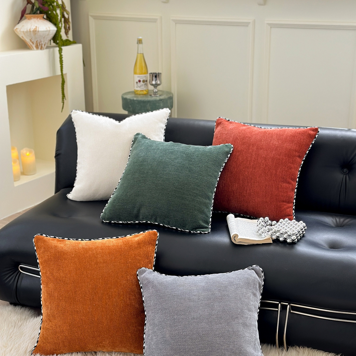 91家纺网 家纺一手货源 找家纺 美茉家居 2025新款加厚高端沙发布雪尼尔滚边方枕抱枕 烟雨灰