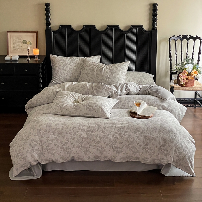 91家纺网 家纺一手货源 找家纺 宜代光年 2025新款色织水洗棉提花四件套（第一批） 踏花香 灰