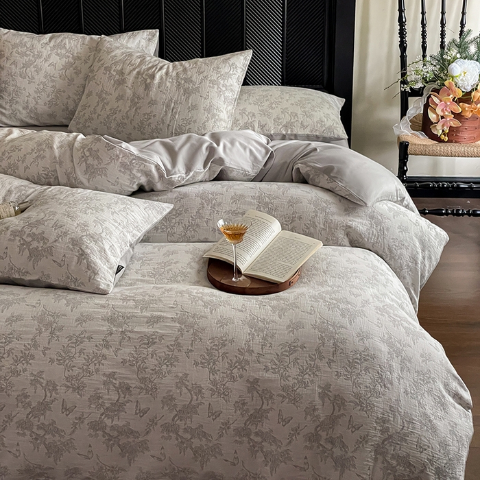 91家纺网 家纺一手货源 找家纺 宜代光年 2025新款色织水洗棉提花四件套（第一批） 踏花香 灰