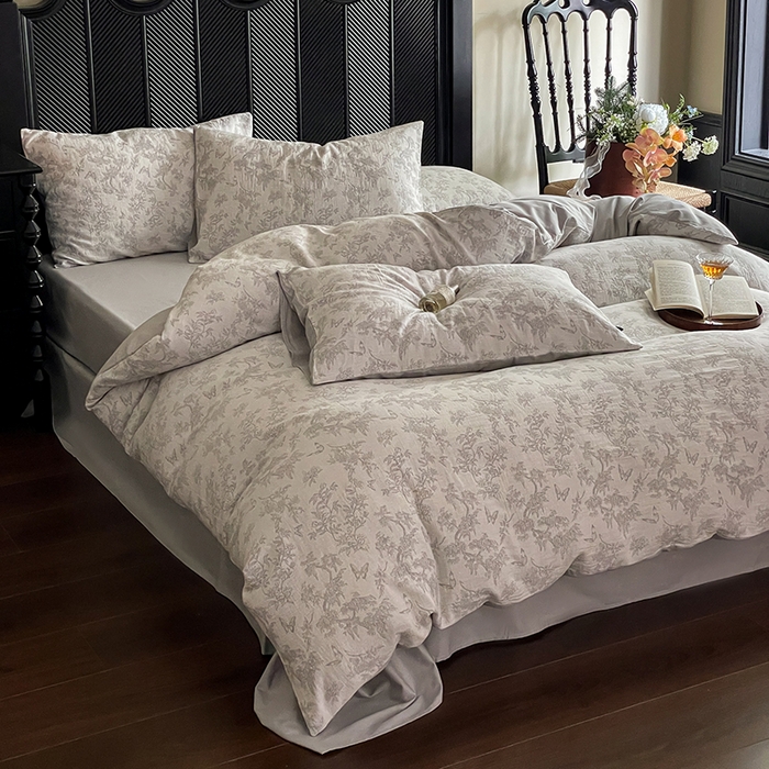 91家纺网 家纺一手货源 找家纺 宜代光年 2025新款色织水洗棉提花四件套（第一批） 踏花香 灰