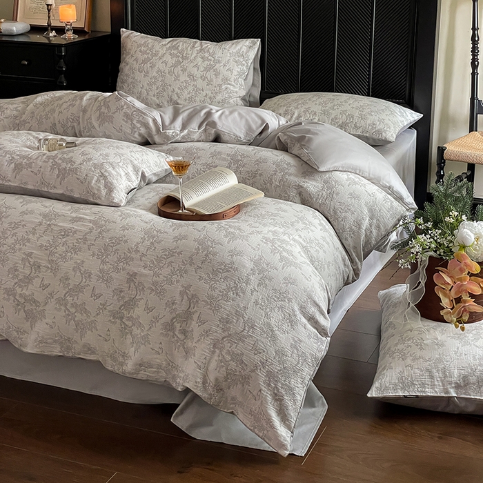 91家纺网 家纺一手货源 找家纺 宜代光年 2025新款色织水洗棉提花四件套（第一批） 踏花香 灰