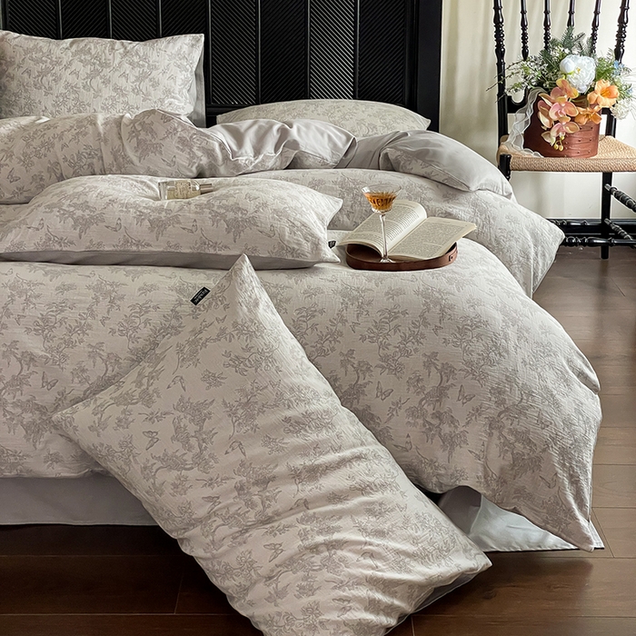 91家纺网 家纺一手货源 找家纺 宜代光年 2025新款色织水洗棉提花四件套（第一批） 踏花香 灰