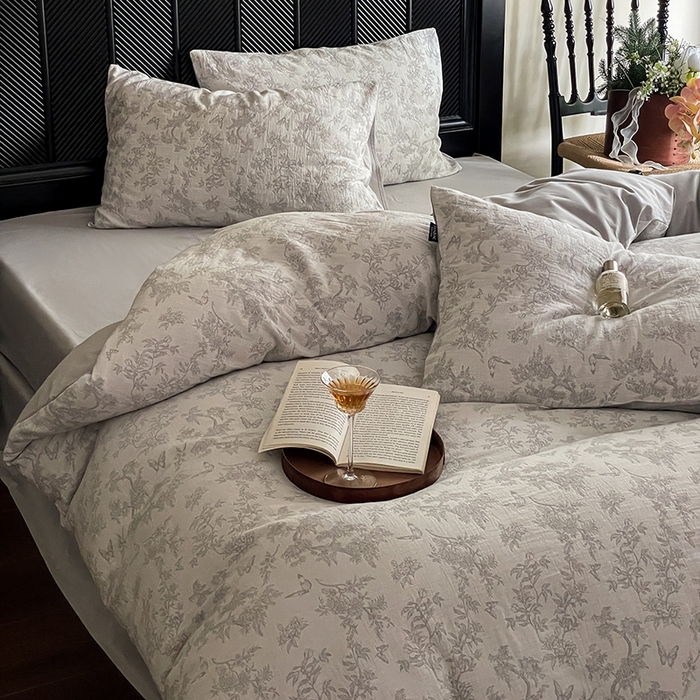 91家纺网 家纺一手货源 找家纺 宜代光年 2025新款色织水洗棉提花四件套（第一批） 踏花香 灰