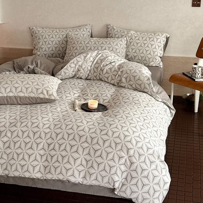 91家纺网 家纺一手货源 找家纺 宜代光年 2025新款色织水洗棉提花四件套（第一批） 雪片花-灰