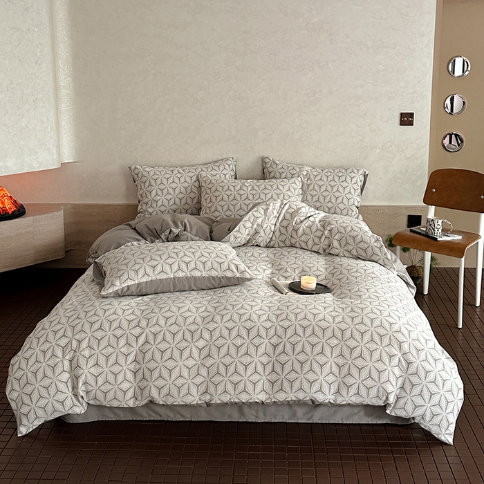 91家纺网 家纺一手货源 找家纺 宜代光年 2025新款色织水洗棉提花四件套（第一批） 雪片花-灰