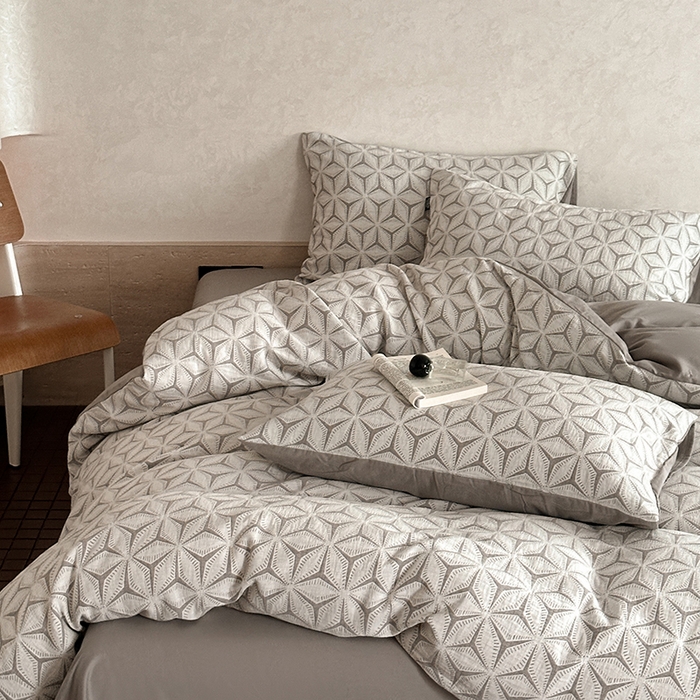 91家纺网 家纺一手货源 找家纺 宜代光年 2025新款色织水洗棉提花四件套（第一批） 雪片花-灰