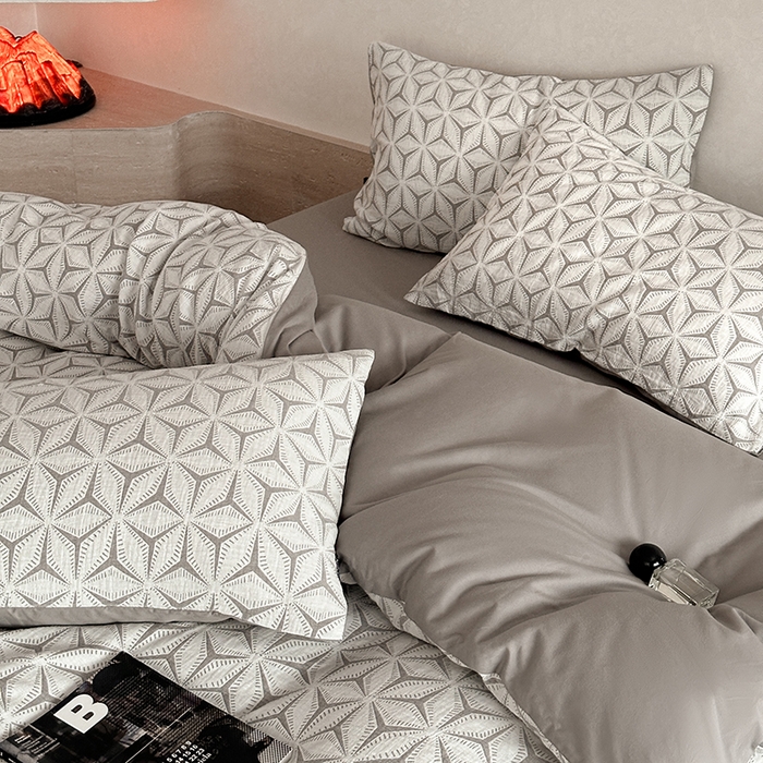 91家纺网 家纺一手货源 找家纺 宜代光年 2025新款色织水洗棉提花四件套（第一批） 雪片花-灰