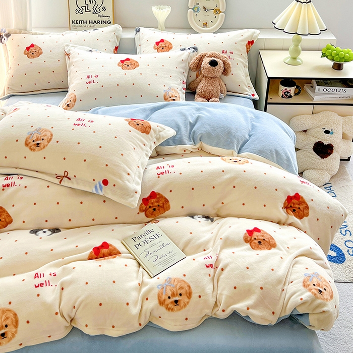 91家纺网 家纺一手货源 找家纺 简一 2025新款小清新牛奶绒印花四件套-卡通系列波点狗狗-兰