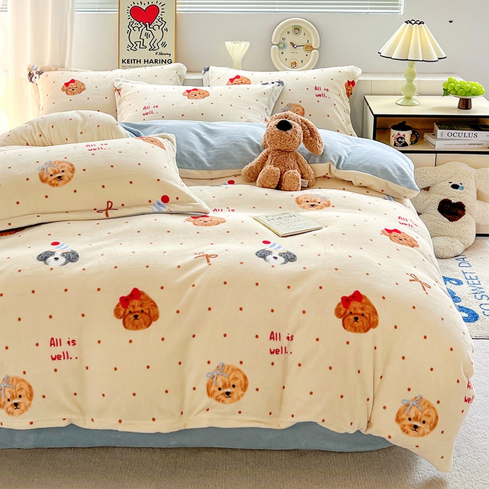 91家纺网 家纺一手货源 找家纺 简一 2025新款小清新牛奶绒印花四件套-卡通系列波点狗狗-兰