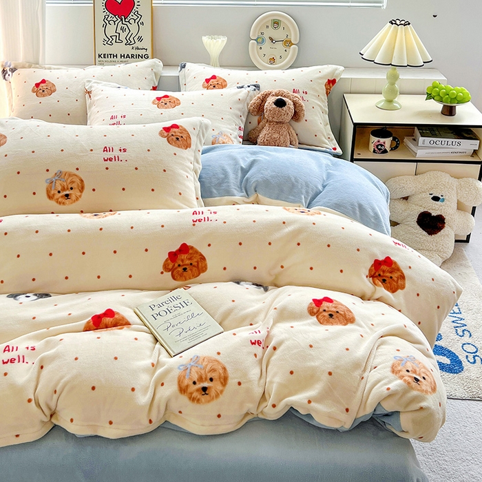 91家纺网 家纺一手货源 找家纺 简一 2025新款小清新牛奶绒印花四件套-卡通系列波点狗狗-兰