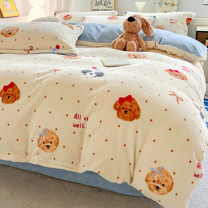 91家纺网 家纺一手货源 找家纺 简一 2025新款小清新牛奶绒印花四件套-卡通系列波点狗狗-兰