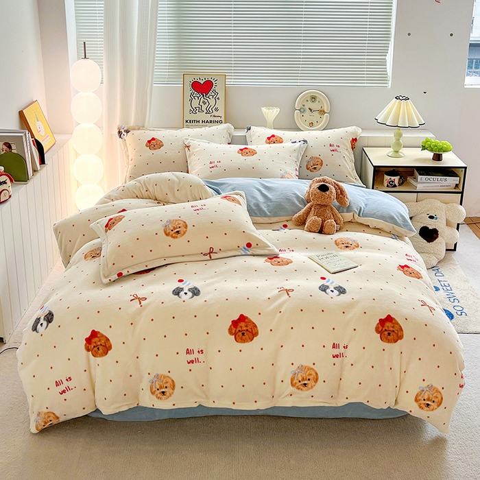 简一 2025新款小清新牛奶绒印花四件套-卡通系列波点狗狗-兰