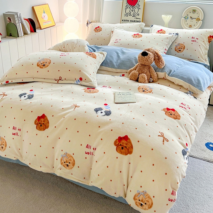 91家纺网 家纺一手货源 找家纺 简一 2025新款小清新牛奶绒印花四件套-卡通系列波点狗狗-兰