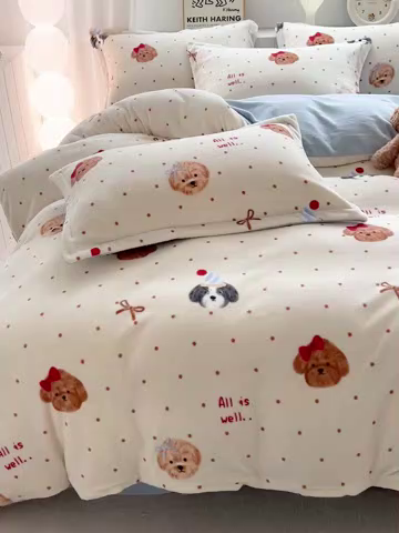 91家纺网 家纺一手货源 找家纺 简一 2025新款小清新牛奶绒印花四件套-卡通系列波点狗狗-兰