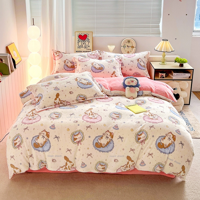 简一 2025新款小清新牛奶绒印花四件套-卡通系列萝莉猫咪