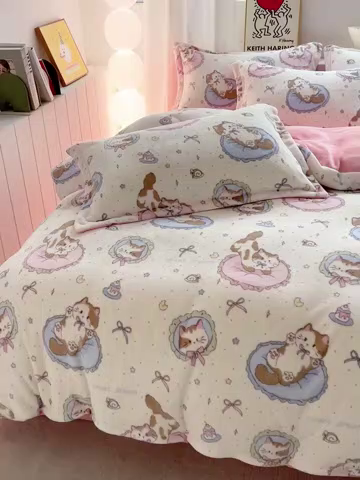 91家纺网 家纺一手货源 找家纺 简一 2025新款小清新牛奶绒印花四件套-卡通系列萝莉猫咪