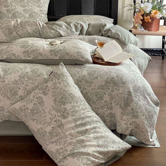 91家纺网 家纺一手货源 找家纺 宜代光年 2025新款色织水洗棉提花四件套（第一批） 云树-森林绿