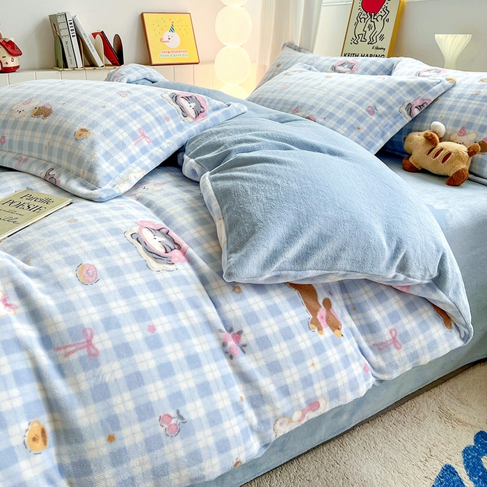 91家纺网 家纺一手货源 找家纺 简一 2025新款小清新牛奶绒印花四件套-卡通系列萌宠乐园