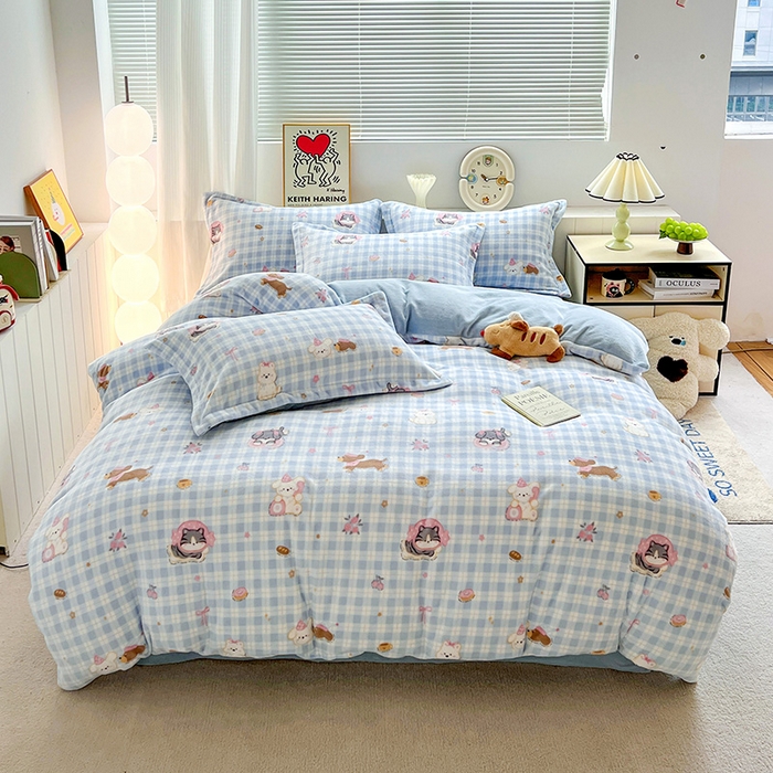 简一 2025新款小清新牛奶绒印花四件套-卡通系列萌宠乐园