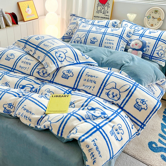 91家纺网 家纺一手货源 找家纺 简一 2025新款小清新牛奶绒印花四件套-卡通系列派对乐园