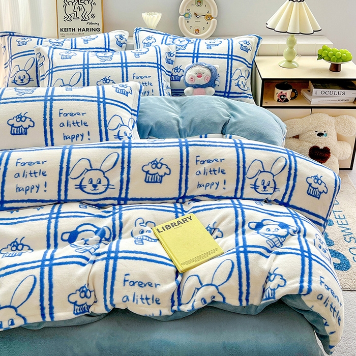 91家纺网 家纺一手货源 找家纺 简一 2025新款小清新牛奶绒印花四件套-卡通系列派对乐园