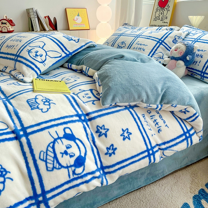 91家纺网 家纺一手货源 找家纺 简一 2025新款小清新牛奶绒印花四件套-卡通系列派对乐园