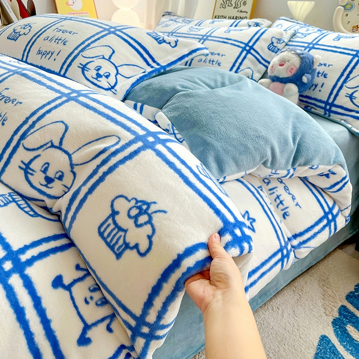 91家纺网 家纺一手货源 找家纺 简一 2025新款小清新牛奶绒印花四件套-卡通系列派对乐园