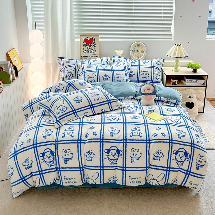 简一 2025新款小清新牛奶绒印花四件套-卡通系列派对乐园