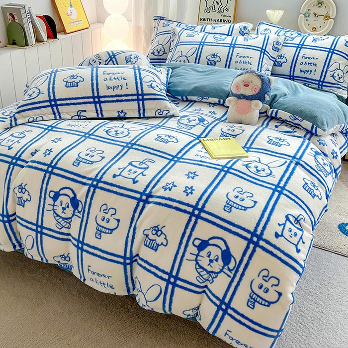 91家纺网 家纺一手货源 找家纺 简一 2025新款小清新牛奶绒印花四件套-卡通系列派对乐园