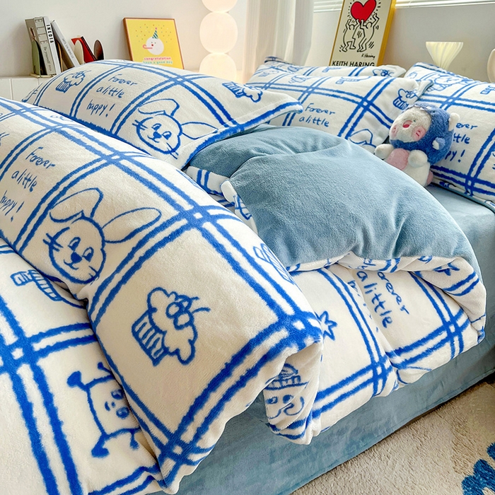 91家纺网 家纺一手货源 找家纺 简一 2025新款小清新牛奶绒印花四件套-卡通系列派对乐园