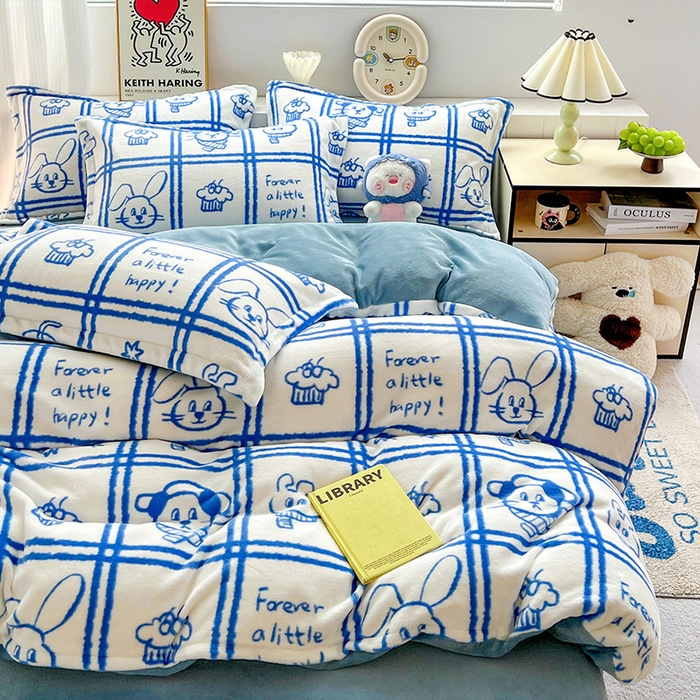 91家纺网 家纺一手货源 找家纺 简一 2025新款小清新牛奶绒印花四件套-卡通系列派对乐园