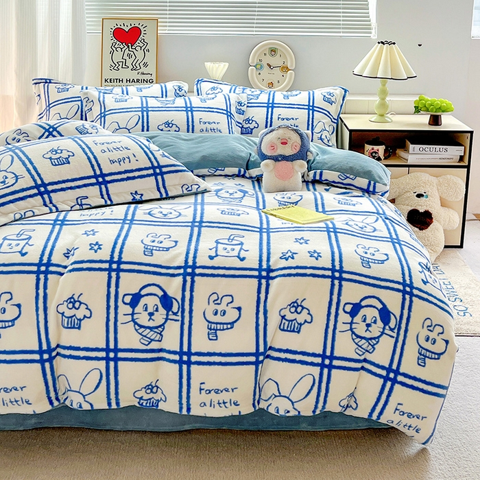 91家纺网 家纺一手货源 找家纺 简一 2025新款小清新牛奶绒印花四件套-卡通系列派对乐园