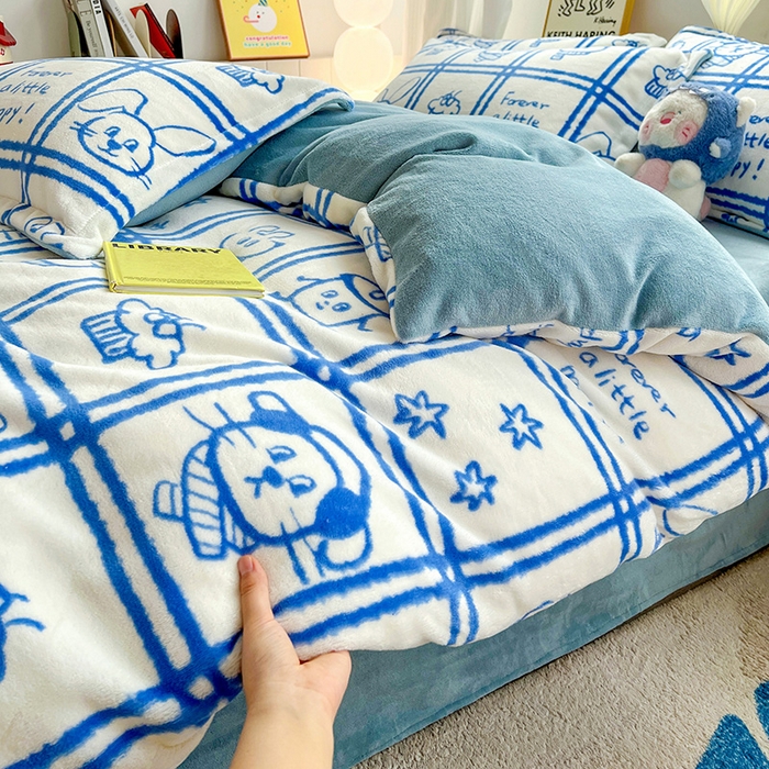 91家纺网 家纺一手货源 找家纺 简一 2025新款小清新牛奶绒印花四件套-卡通系列派对乐园