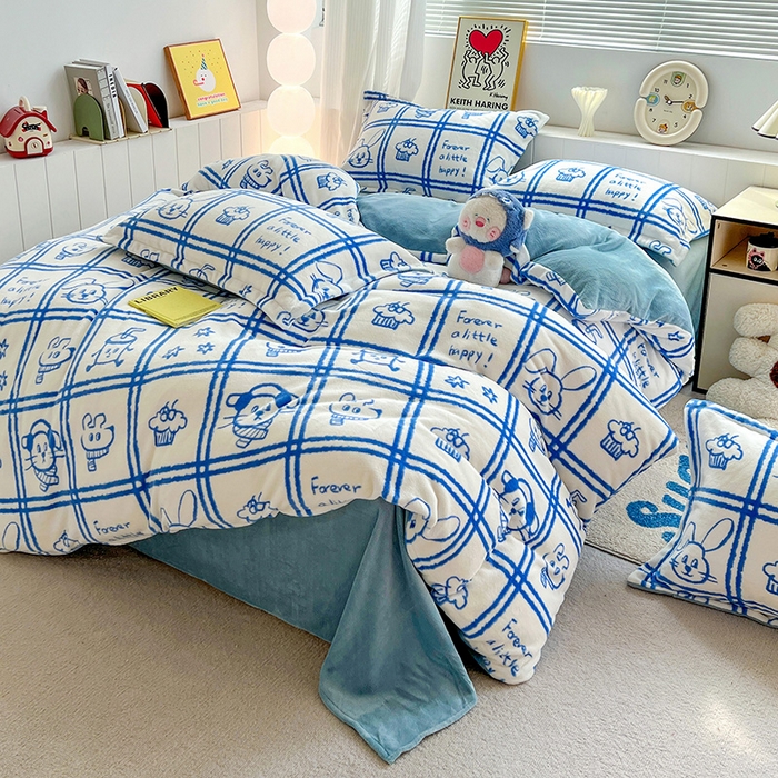 91家纺网 家纺一手货源 找家纺 简一 2025新款小清新牛奶绒印花四件套-卡通系列派对乐园