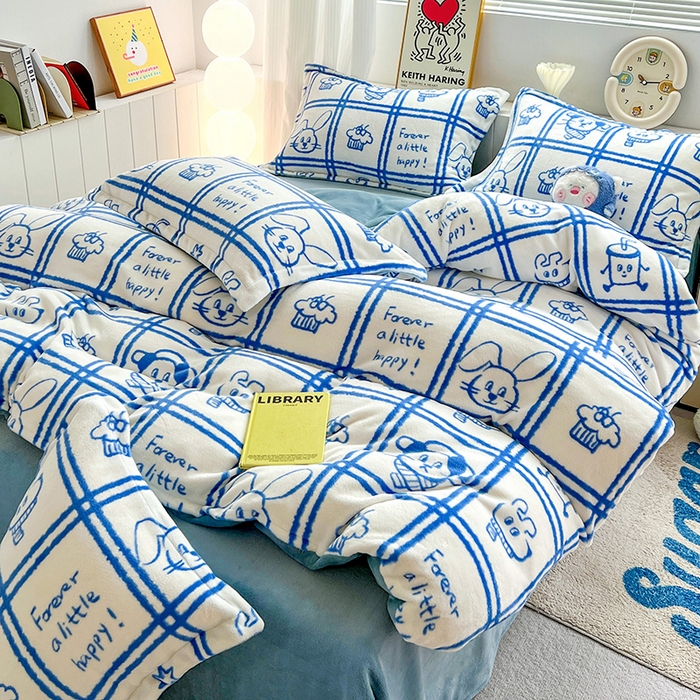 91家纺网 家纺一手货源 找家纺 简一 2025新款小清新牛奶绒印花四件套-卡通系列派对乐园