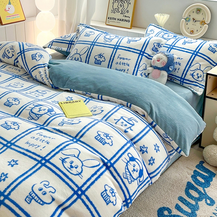 91家纺网 家纺一手货源 找家纺 简一 2025新款小清新牛奶绒印花四件套-卡通系列派对乐园