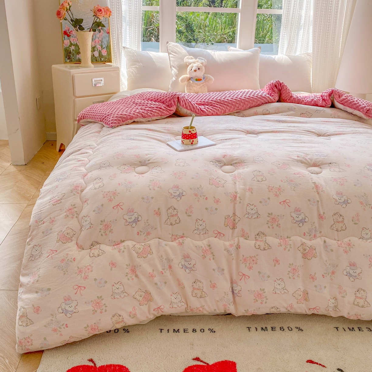 91家纺网 家纺一手货源 找家纺 美宜家 2025新款豆豆绒冬被子皱皱棉提花春秋被芯豆豆被 甜蜜蜜