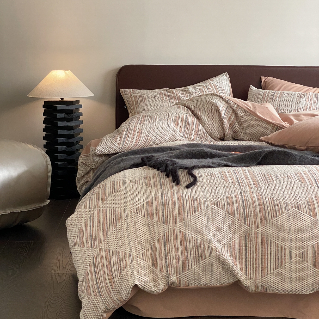 旷野 2025新款全棉华夫格提花磨毛四件套 吉野-豆蔻粉