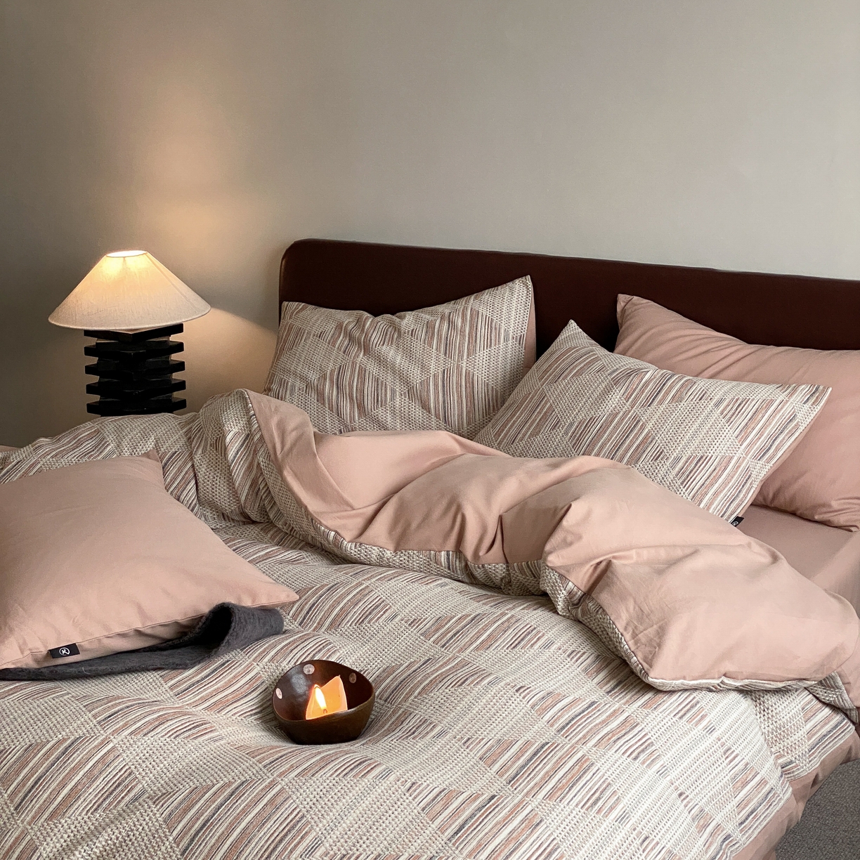 91家纺网 家纺一手货源 找家纺 旷野 2025新款全棉华夫格提花磨毛四件套 吉野-豆蔻粉