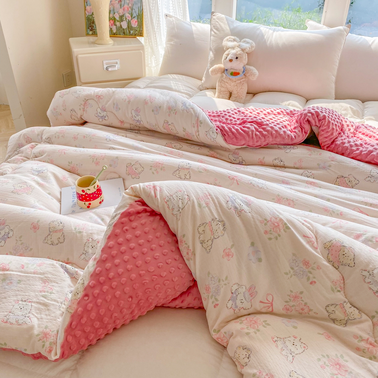 91家纺网 家纺一手货源 找家纺 美宜家 2025新款豆豆绒冬被子皱皱棉提花春秋被芯豆豆被 甜蜜蜜