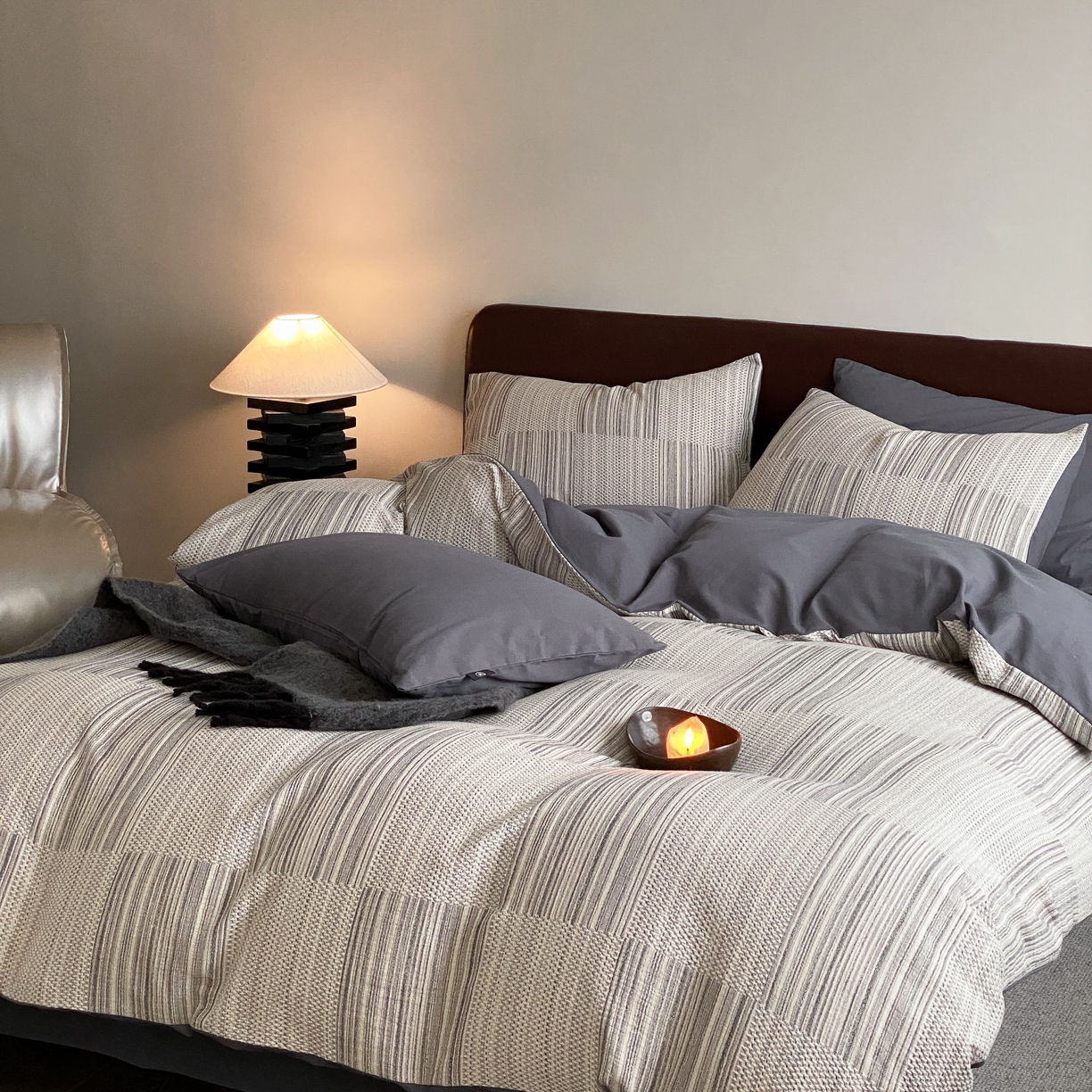 91家纺网 家纺一手货源 找家纺 旷野 2025新款全棉华夫格提花磨毛四件套 吉野-巴黎灰