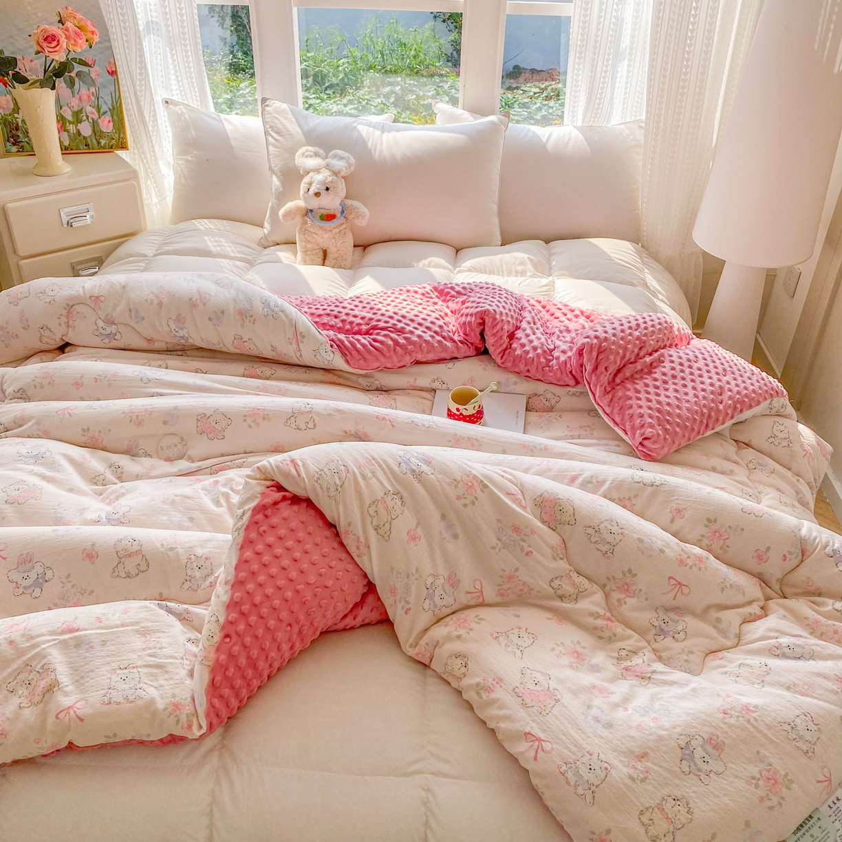 91家纺网 家纺一手货源 找家纺 美宜家 2025新款豆豆绒冬被子皱皱棉提花春秋被芯豆豆被 甜蜜蜜