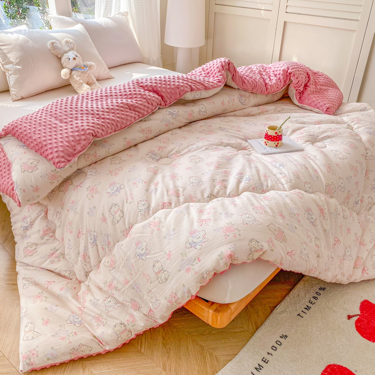 91家纺网 家纺一手货源 找家纺 美宜家 2025新款豆豆绒冬被子皱皱棉提花春秋被芯豆豆被 甜蜜蜜
