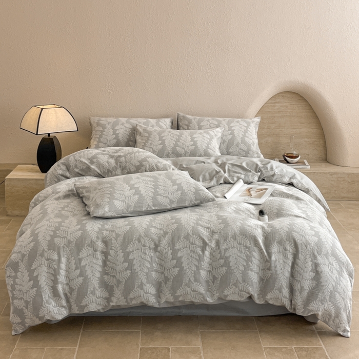 91家纺网 家纺一手货源 找家纺 宜代光年 2025新款色织水洗棉提花四件套（第二批） 镜中叶-灰