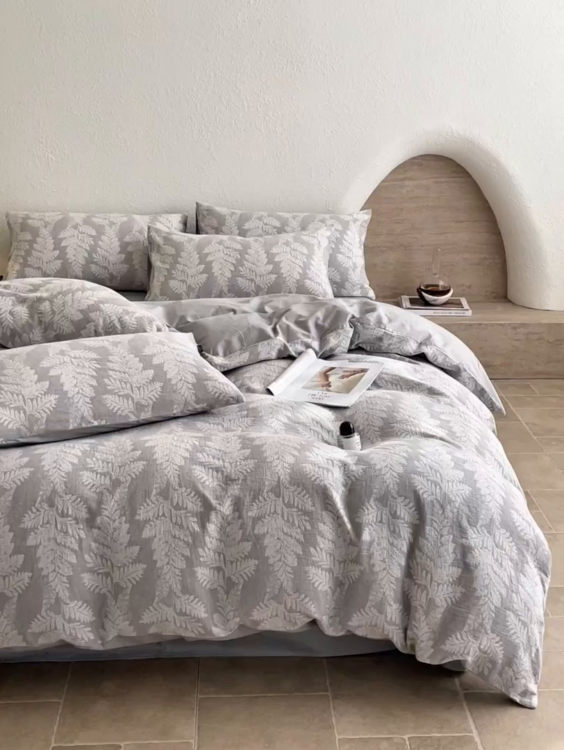 91家纺网 家纺一手货源 找家纺 宜代光年 2025新款色织水洗棉提花四件套（第二批） 镜中叶-灰