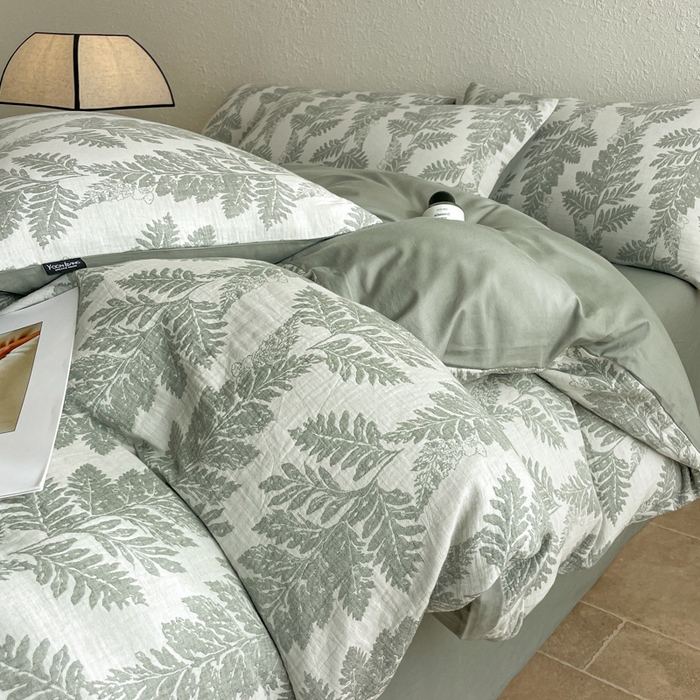 91家纺网 家纺一手货源 找家纺 宜代光年 2025新款色织水洗棉提花四件套（第二批） 镜中叶-绿